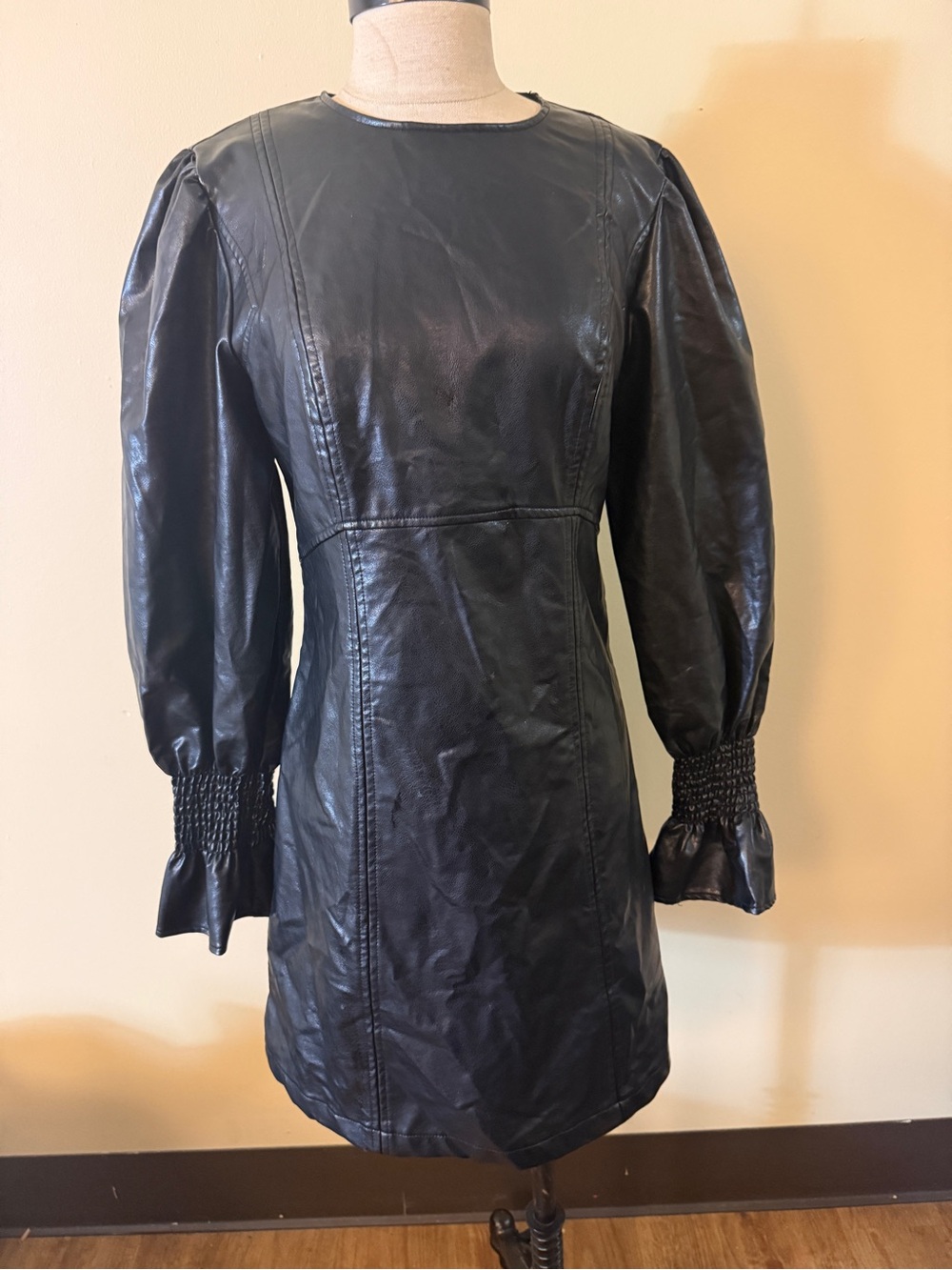 moodie Black Faux Leather Puff Sleeve Dress Coat